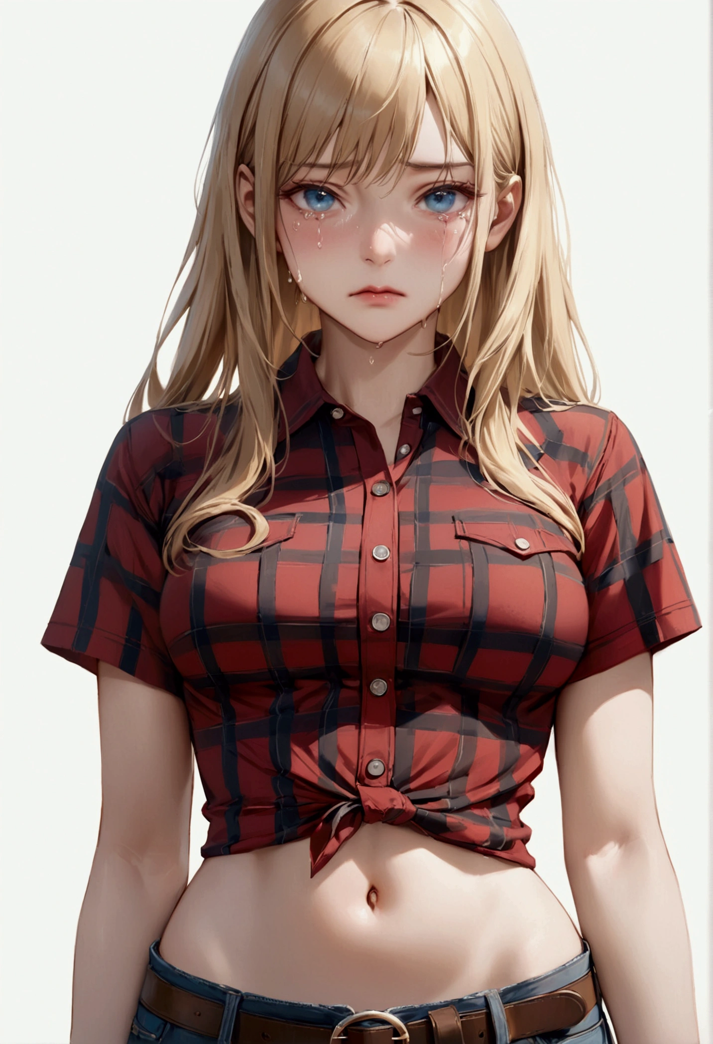 Woman with long blonde hair, blue eyes, An athletic body, Red checked tight-fitting short-sleeved collared shirt, watch, Navel exposed, Denim hot pants, Brown belt with oval buckle,Crying face, Stand up straight, White background,Front view,8k, Highest quality, masterpiece, Realistic, detailed