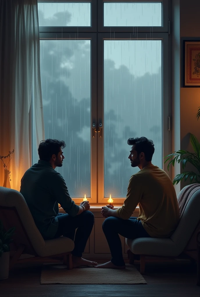 The Rainy AfternoonSetting: Wajid's living room, a cozy and warm space with large windows. The sound of rain tapping against the glass is prominent, and the gray clouds outside create a dim, peaceful atmosphere.Action: Wajid and Shahzad sit by the window, watching the rain fall.Dialogue:Wajid: "I love rainy days, don't you? There's something so calming about them."Shahzad: (Leaning back in his chair, watching the raindrops race down the window) "Yeah, it’s like the whole world slows down for a while. But it also makes me a bit nostalgic, you know?"
