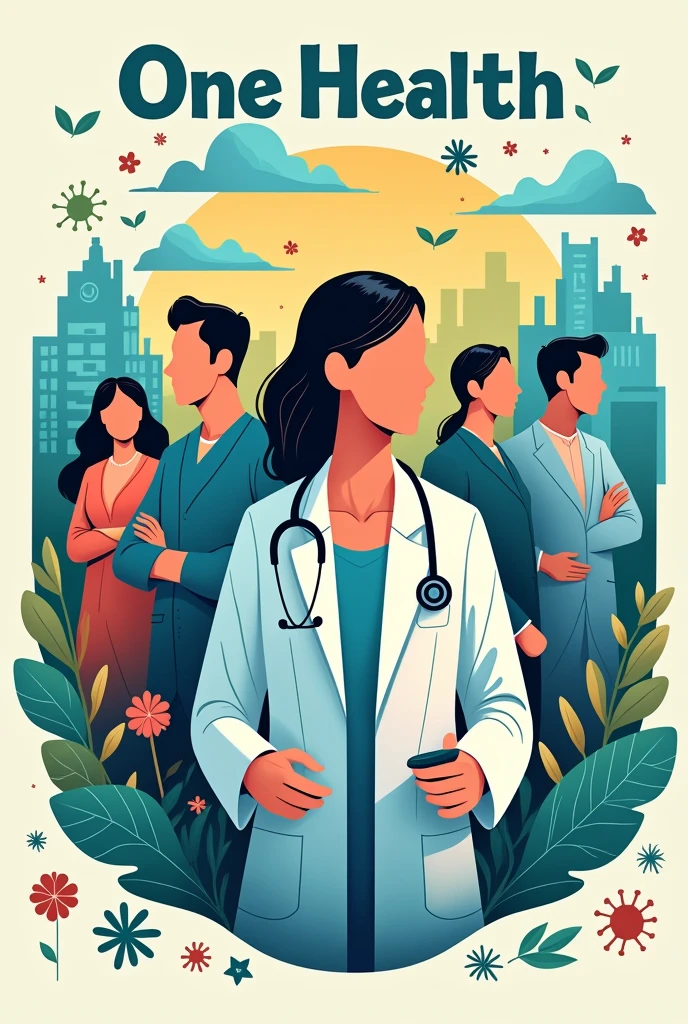 A poster about one health. All words be in American English.