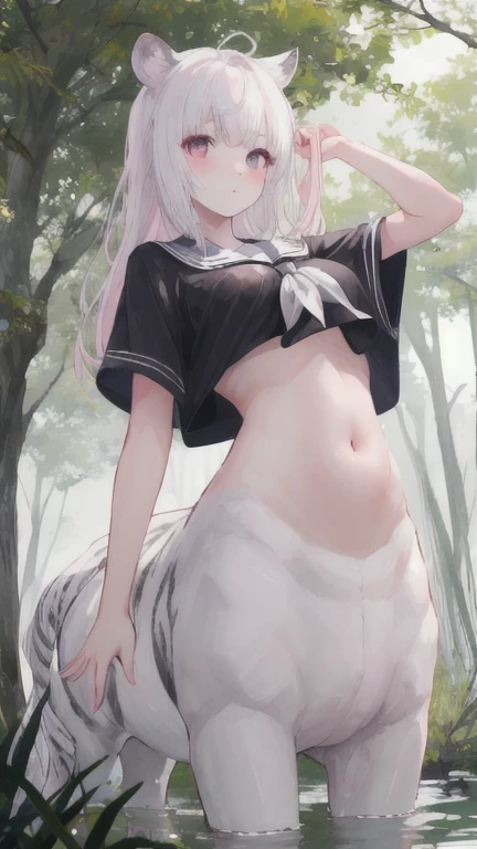 (best quality, masterpiece), 1 girl, centaur, I beg, White skin, Japanese schoolgirl,daughter,black pink, exposing the abdomen, belly button t-shirt , beautiful girl perfect, White tiger photo, Perfect swamp photo