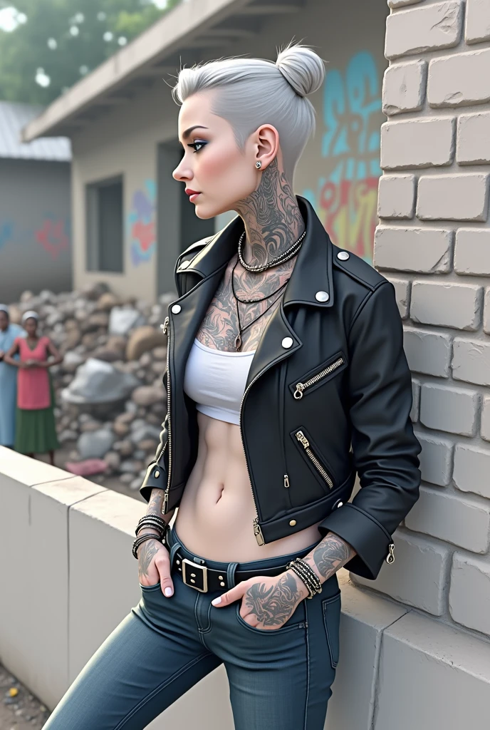 russian milf woman, grey hair (top pouf, shaved sides, bun), with very light blue eyes, extremely pale skin. All neck tattooed. All stomach tattoed. All hands tattooed.Wearing cropped aged black moto jacket with lots of zippers and pins.. Dark blue skinny low rise jeans.. wide black studded belt. Leaning back on a graffitied brick wall with hands in pockets, chin up, stretching her neck , humble facial expression.. Listening with tilted head, looking up to somebody more clever speaking to her. Well toned abdominals, thin neck, slim legs and thin arms. Narrow hips. Dirt street in Kenyan village full of waste. Lots of silver bracelets. A lot of tanned fat women in traditional dresses around looking down at her