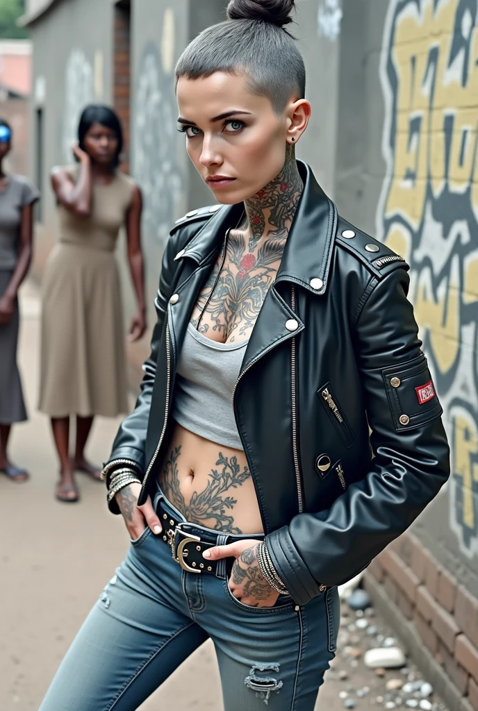 russian milf woman, grey hair (top pouf, shaved sides, bun), with very light blue eyes, extremely pale skin. All neck tattooed. All stomach tattoed. All hands tattooed.Wearing cropped aged black moto jacket with lots of zippers and pins.. Dark blue skinny low rise jeans.. wide black studded belt. Leaning back on a graffitied brick wall with hands in pockets, chin up, stretching her neck , humble facial expression.. Listening with tilted head, looking up to somebody more clever speaking to her. Well toned abdominals, thin neck, slim legs and thin arms. Narrow hips. Dirt street in Kenyan village full of waste. Lots of silver bracelets. A lot of tanned fat women in traditional dresses around looking down at her