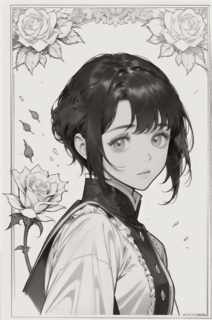 As a coloring book, white and black color, borders should be simple, clear, distinct, and thick lines, By Cartoon picture book of a beautiful Asian girl with short brown hair, best quality, high resolution, detailed background, high contrast, 1 girl, close-up of the head, roses background, clean line drawings