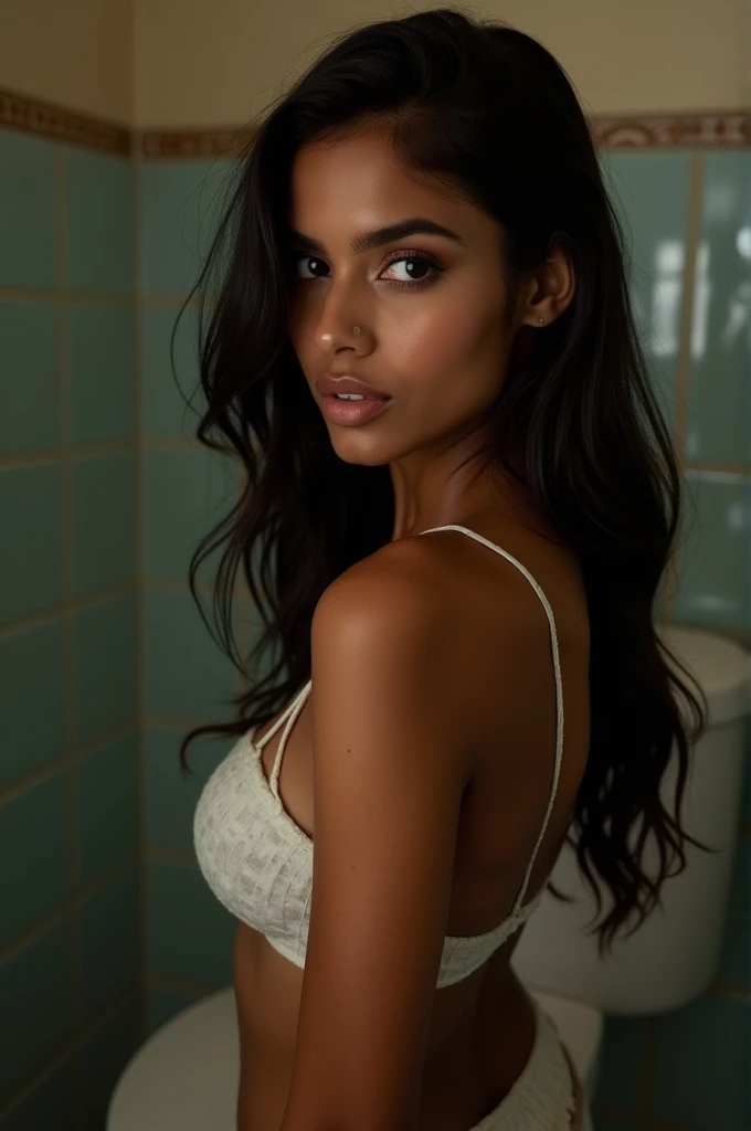 a close up of a woman standing in a bathroom with a toilet, sexy girl with dark complexion, photo of slim girl, indian goddess, sexy pose, 3 0 years old woman, 30 years old woman, sexy girl, 2 , sexy hot body, 2 female model, 2, provocative indian, sexy look