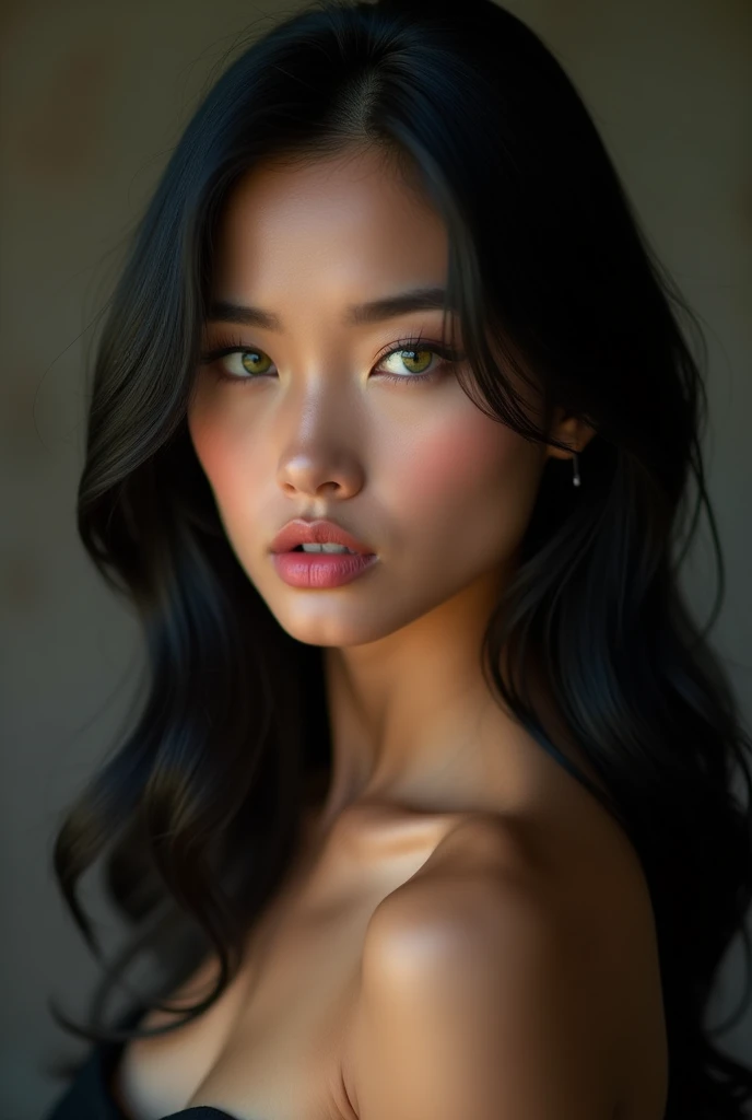 Thai woman face photography, black hair , yeux verts, regard charmeuse, dark skin tone ,26 ans, big lips, bonnes joux,
