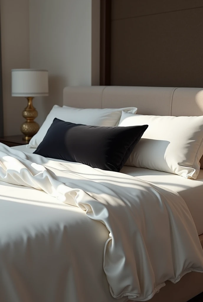 Create a bed made with white silk sheets and a pillow with a black silk pillowcase. The pillow should be black.