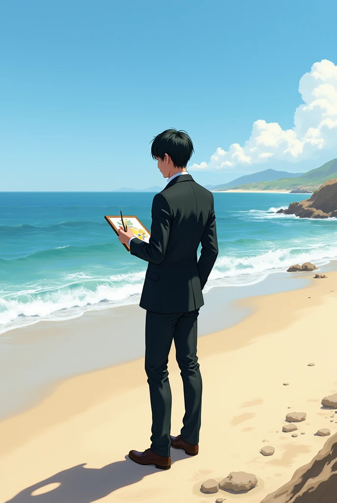 A black-haired man in a black suit is a painter on the beach.