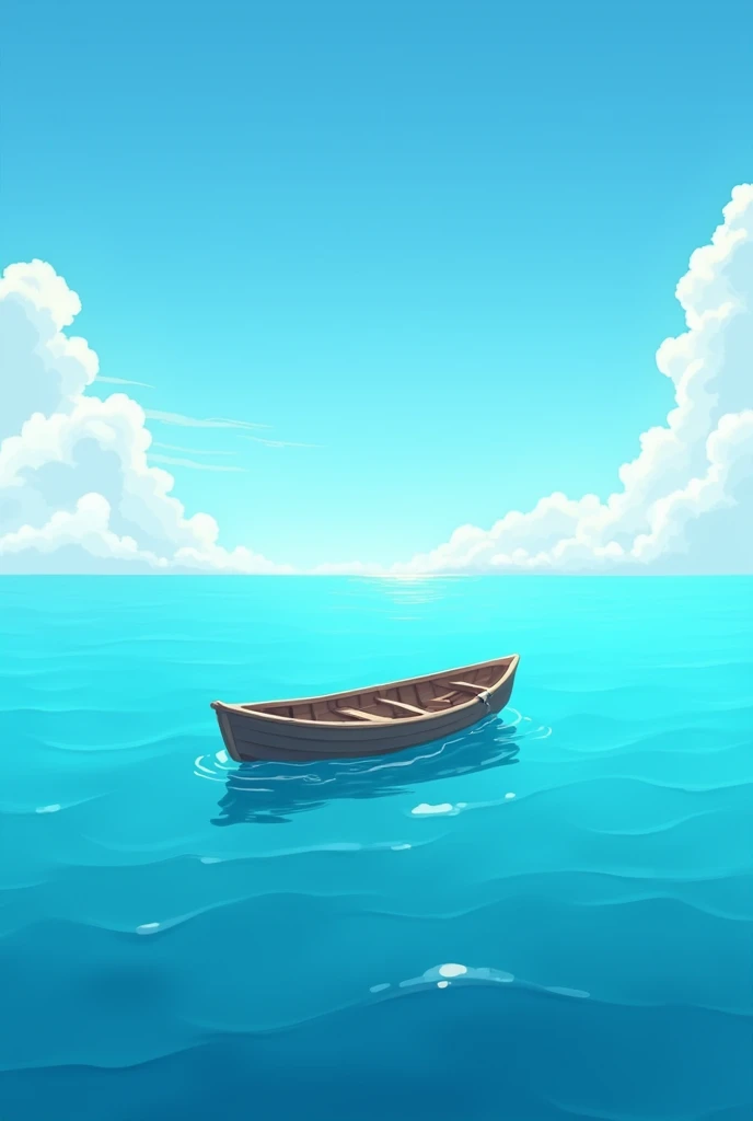 Create an illustration of a small boat on the calm sea of the Pacific Ocean and a sky with few clouds and Caribbean summer sun