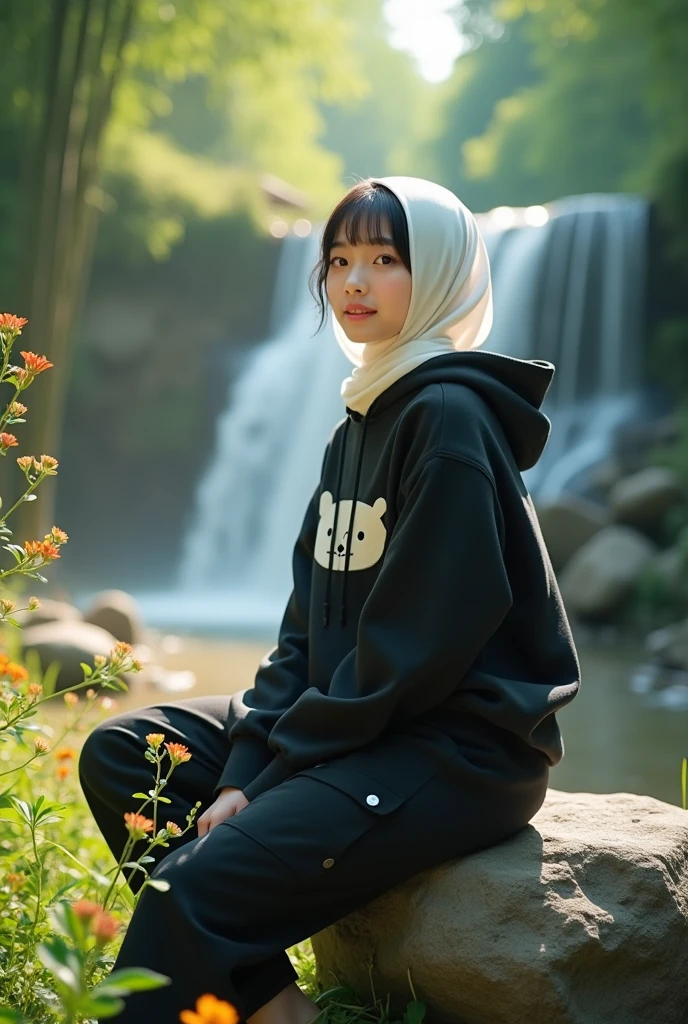 Beautiful Korean girl with white skin. Well-groomed face, sweet smile, white hijab, black hoodie decorated with bear motifs, black cropped trousers with lots of pockets, sitting on a rock with his back to a waterfall, in front of him there are small flowers growing beautifully, with a background of green bamboo forests in rural Vietnam , sunlight through bamboo stalks, dense foliage, peaceful atmosphere, highly detailed, cinematic lighting, light and soft color palette original photo, realistic