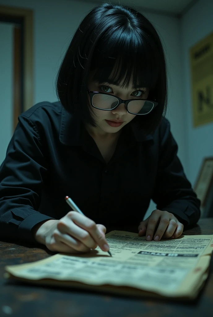 A girl who works in the forensic science department, who examines a crime scene, this girl is wearing a black shirt with black rectangular glasses black bob haircut green eyes