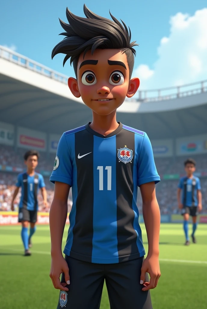 The player on the back near the free kick with number 11 called Kelvin new with blue and black and white striped shirt a guy of 16