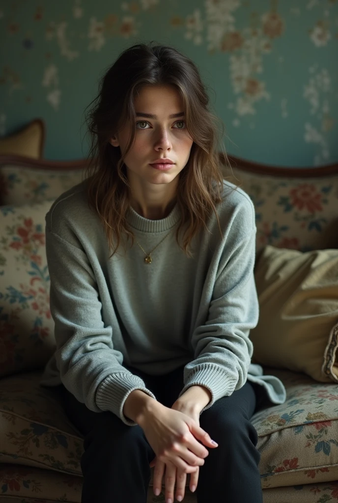 A young woman in her twenties, Caucasian with slightly wavy, shoulder-length brown hair, is in a somewhat run-down apartment. She wears worn clothes: a damaged light gray sweater and faded black pants. His hair is disheveled, and his appearance shows signs of fatigue and insecurity. She is sitting on an old, faded and worn sofa, with mismatched and worn cushions.
