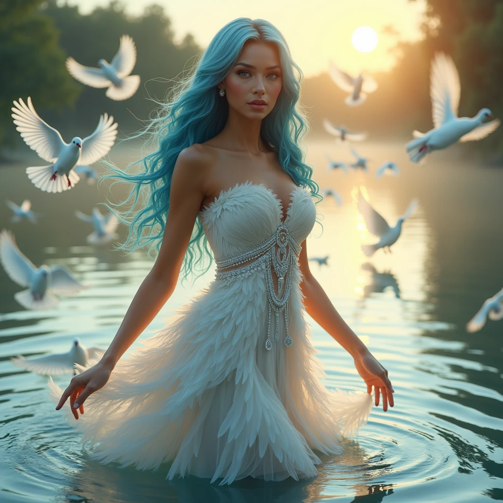 beautiful biracial latina with light blue eyes and long light blue hair with big large breasts, wear sexy Feather dress, dance In the middle of a group of flying doves, look around, serene pose, edge of a lake, morning sunset