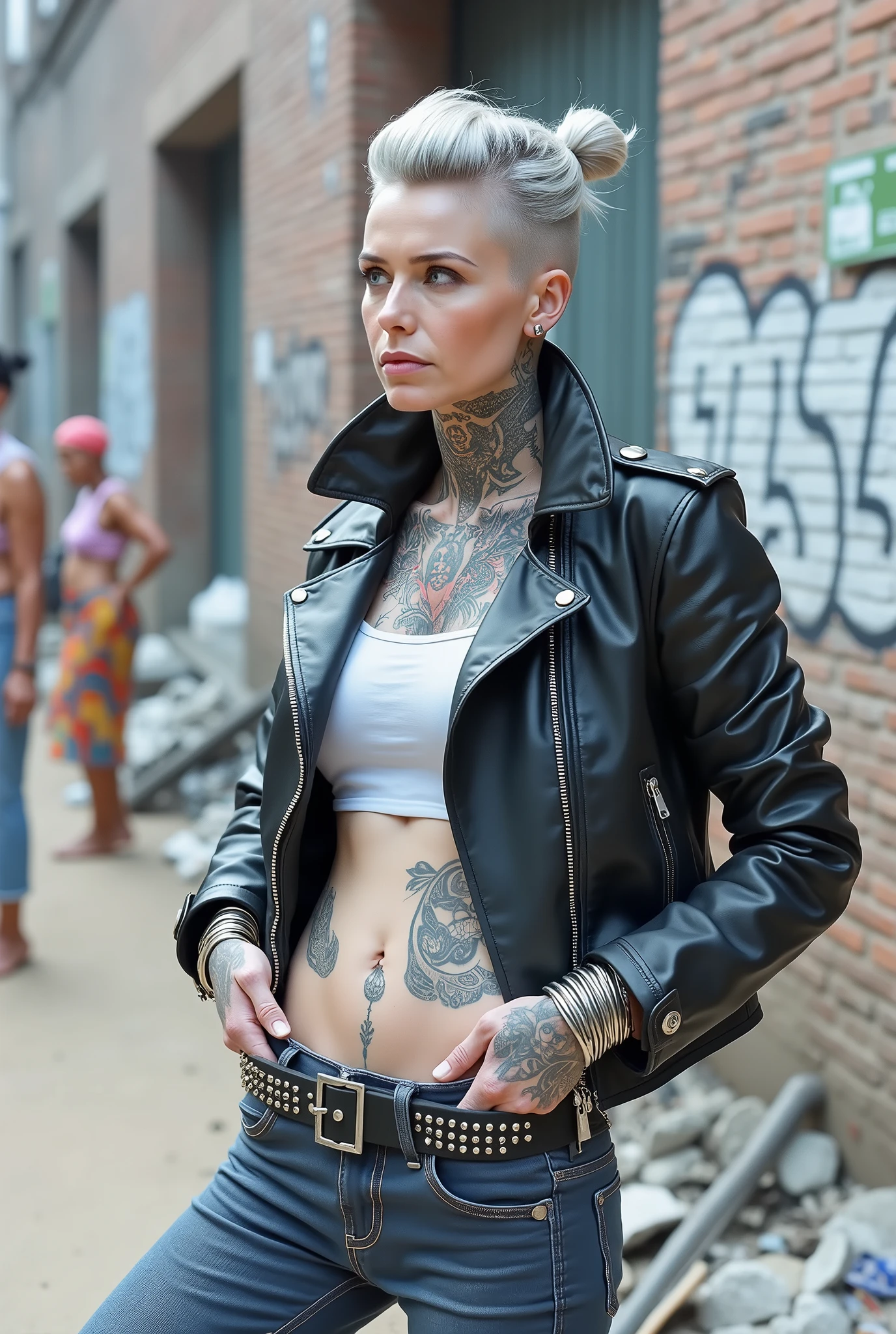 russian milf woman, grey hair (top pouf, shaved sides, bun), with very light blue eyes, extremely pale skin. All neck tattooed. All stomach tattoed. All hands tattooed.Wearing cropped aged black moto jacket with lots of zippers and pins.. Dark blue skinny low rise jeans.. wide black studded belt. Leaning back on a graffitied brick wall with hands in pockets, chin up, stretching her neck , humble facial expression.. Listening with tilted head, looking up to somebody more clever speaking to her. Well toned abdominals, thin neck, slim legs and thin arms. Narrow hips. Dirt street in Kenyan village full of waste. Lots of silver bracelets. A lot of tanned fat women in traditional dresses around looking down at her