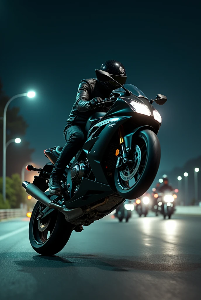 Kawasaki super bike  ‘wheelie’ on  highway on night with biker group , right side view 