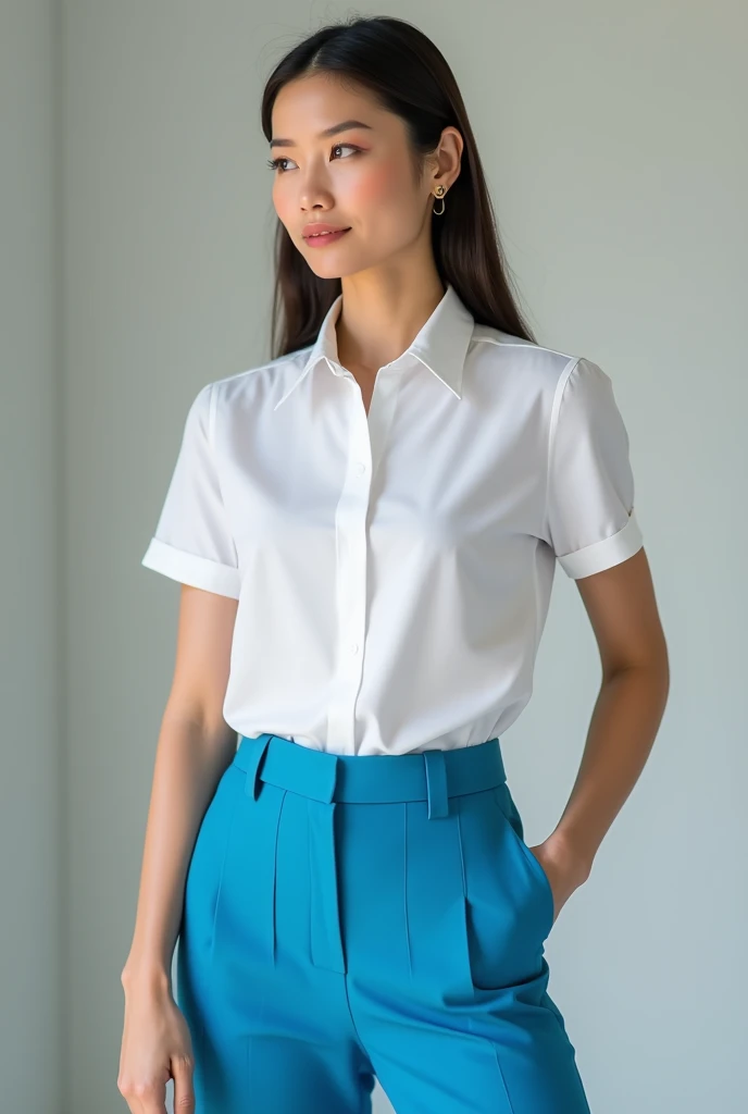 Semi-formal women's uniform with a white Columbia-style short-sleeved shirt and high-waisted cyan blue pants