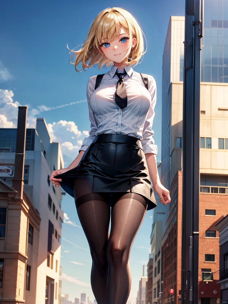 Anime style, super fine illustration, highly detailed, beautiful detailed, perfect detailed, super high quality image, static representation, gentle expression, happy expression, the pretty image, 8k, pretty 1girl with blonde straight short hair & blue eyes & a bright smile & full bust & soft fair skin is a female secretary not to show her skin wearing the business shirt & vest & black tight skirt & black pantyhose on the urban business buildings street, in the morning, solo, perfect fingers, no more fingers, no less fingers, perfect arms, no more arms, perfect legs, no more legs, no more hair, masterpiece.
