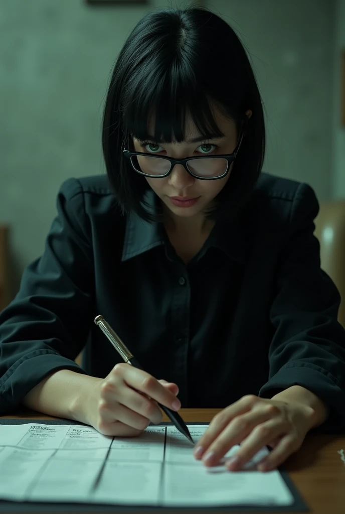 A girl who works in the forensic science department, who examines a crime scene, this girl is wearing a black shirt with black rectangular glasses black bob haircut green eyes