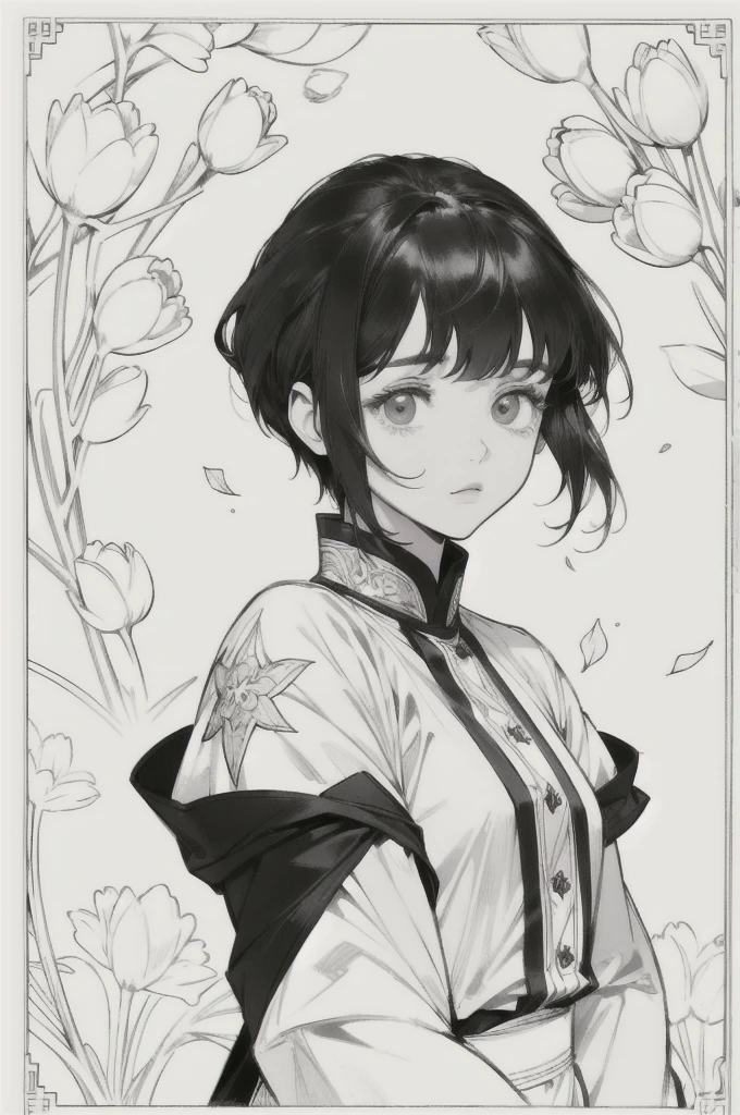 As a coloring book, white and black color, borders should be simple, clear, distinct, and thick lines, By Cartoon picture book of a beautiful Asian girl with short brown hair, best quality, high resolution, detailed background, high contrast, 1 girl, close-up of the head, tulips background, clean line drawings