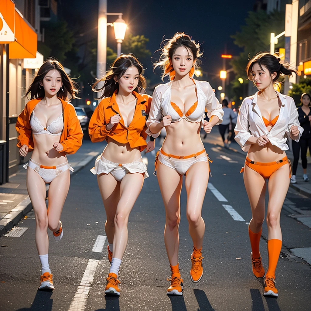 (((three women running at night)))，sweat a lot in sportswear，Headphones running along the river in the park，There is a street light next to the park road., And the only light source is the only light source。The photo looks healthy and positive。
((((Emphasize cleavage))))
(((((White and orange panties and bra are visible)))))
((Full body photo))
