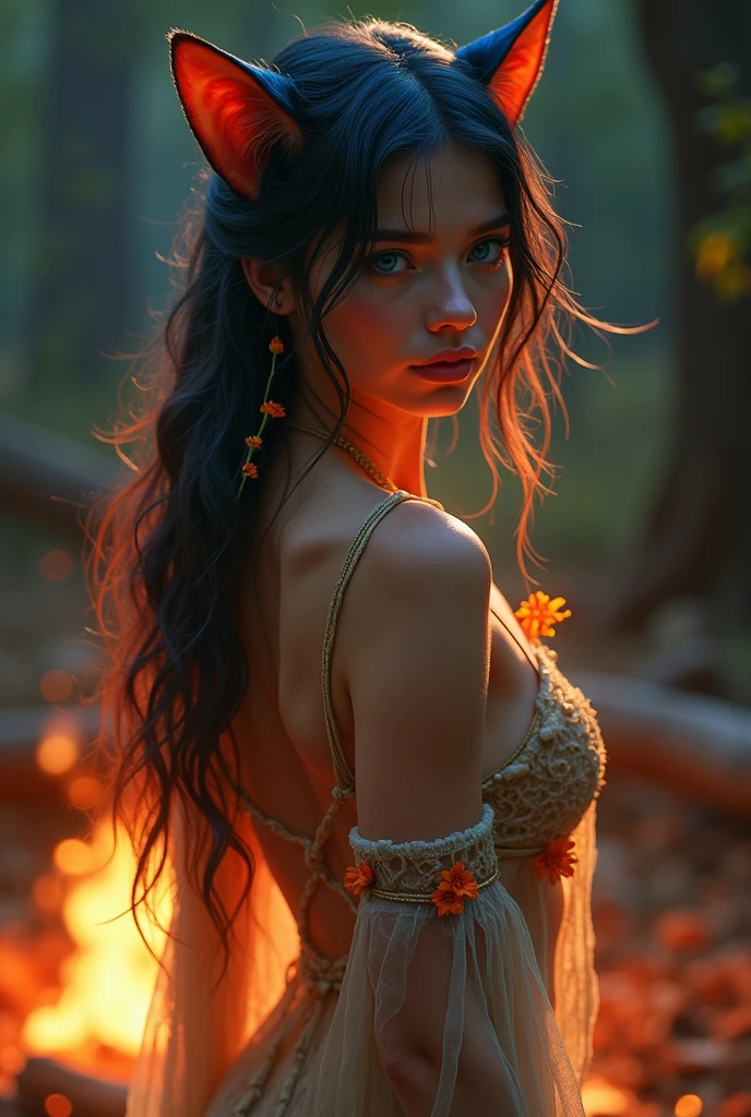 A young woman has thin, pointed ears, similar to those of a feline. These ears display delicate details under the light of a campfire, standing out among her beautiful hair, as if woven from a fine silk fabric. 
**Skin Color:** Her skin is a light tone, similar to the light of a campfire. This neutral tone reflects her connection with wildflowers. Her skin is soft to the touch, with a lightness that reminds one of a campfire in a cave. 
**Hair:** Her hair is long and silky, a blue and red that shines with reflections of the morning. It cascades down to her waist. Her strands are so fine and silky that they seem to be always in motion, fluttering with the slightest touch of wind. She leaves them tied up, allowing for little movement; there are small wildflowers intertwined. 
**Eyes:** Her eyes are a deep blue, reminiscent of a tense darkness. Sexy and attractive look.  **Facial Features:** She has seductive and sexy facial features, with high cheekbones and a slightly pointed chin that enhances her sexy expression. Her face is sexy and fiery. Her lips are thin and curved. Her arched, thin eyebrows frame her eyes, giving her a cheeky expression. **Body:** She is slender and sexy, with a body that seems made for sex. Her movements are bold and sexual, almost as if she were dancing to the rhythm of fire. She has a sexy and attractive posture, ready for seduction, as if nothing could hold her back. Her arms and legs are delicate and elegant, reinforcing her appearance of being always seductive. **Clothing:** She prefers transparent clothes, made of fine fabrics that mold to the body. She usually wears native clothes in fire tones, reminiscent of a campfire in a cave. Her outfits are often adorned with small natural details. She also wears braided leather belts.
