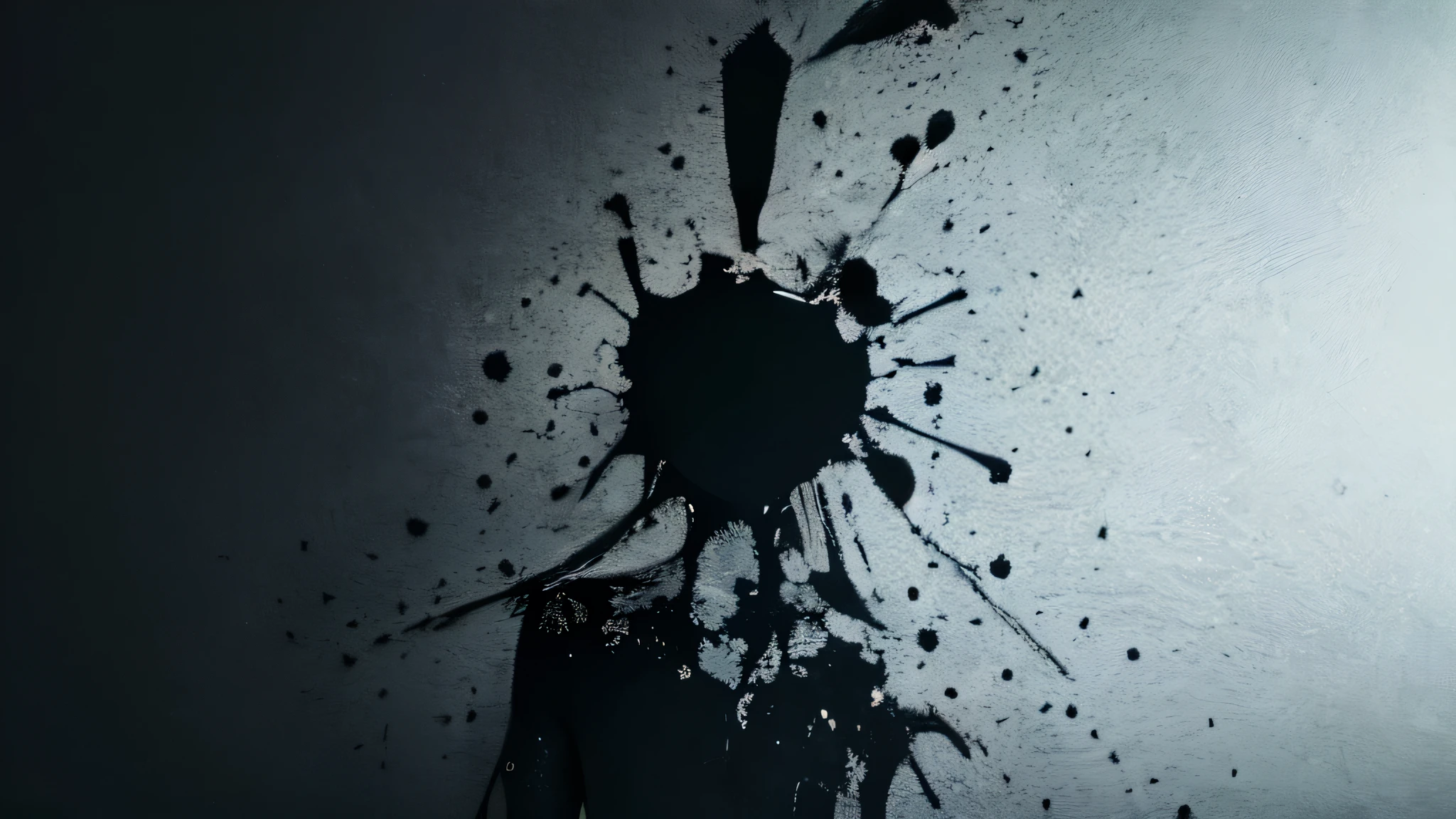 simple background, monochrome, horror (theme) there is a broken violin in the picture, black paint splatted