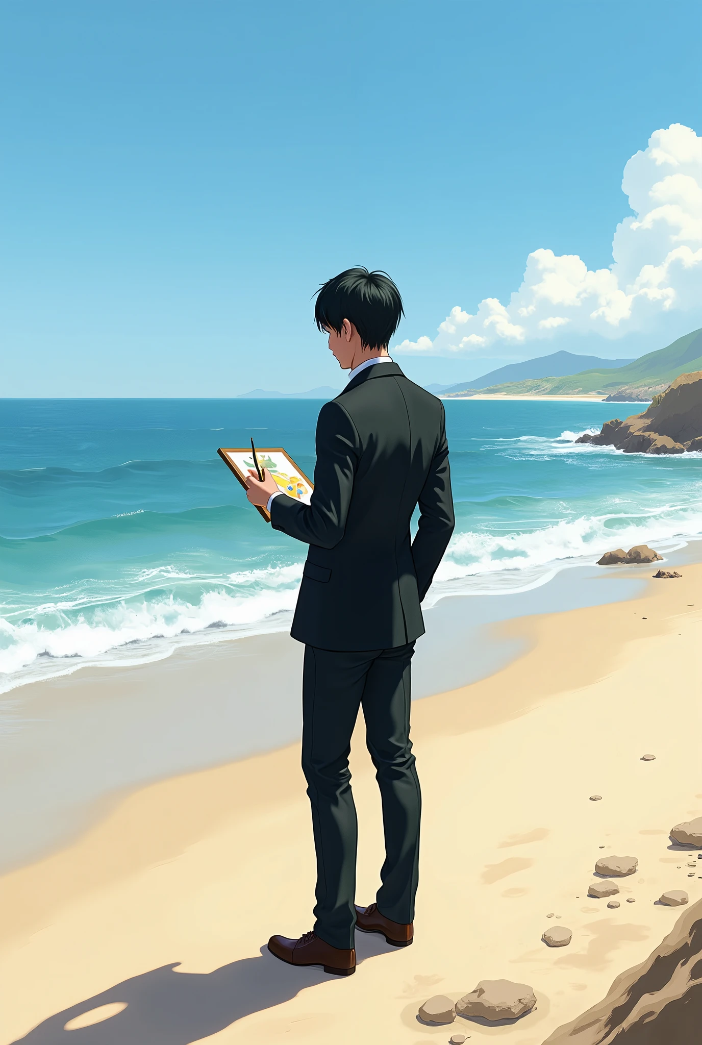 A black-haired man in a black suit is a painter on the beach.