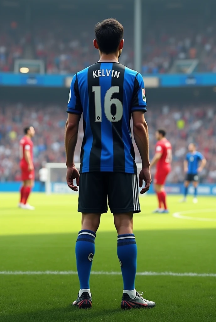 The player on the back is close to taking a free kick with number 11 called Kelvin new with a blue and black and white striped shirt a guy with 16 on the back