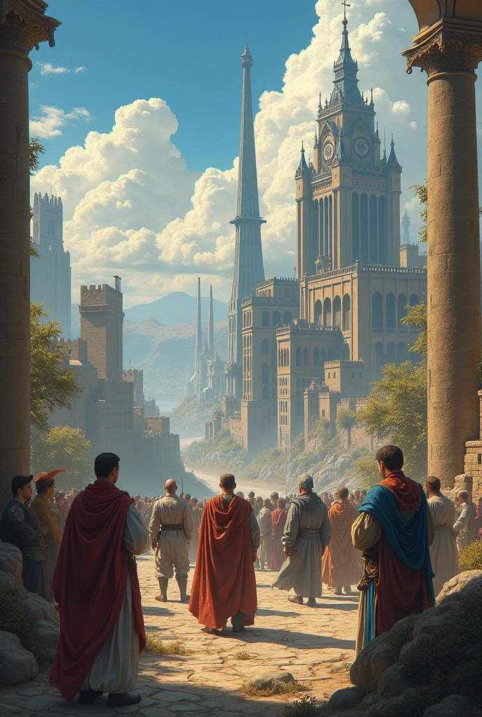 Ancient, Medieval, Renaissance, Industrial revolution, 19th Century and 20th century all in one illustration 