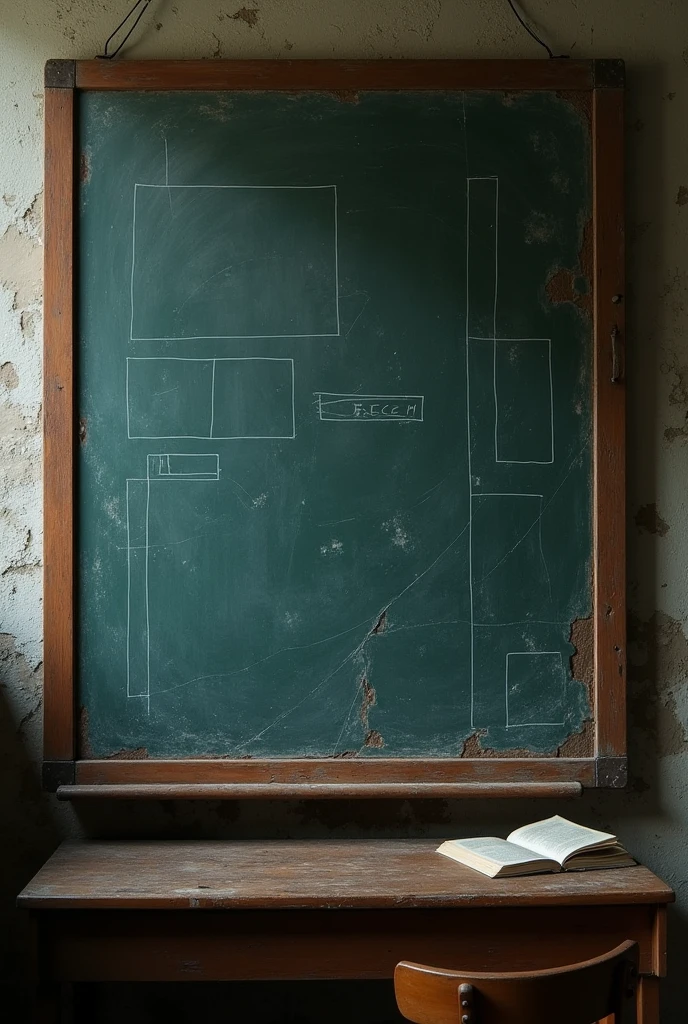 An old classroom blackboard that is glued to the wall 