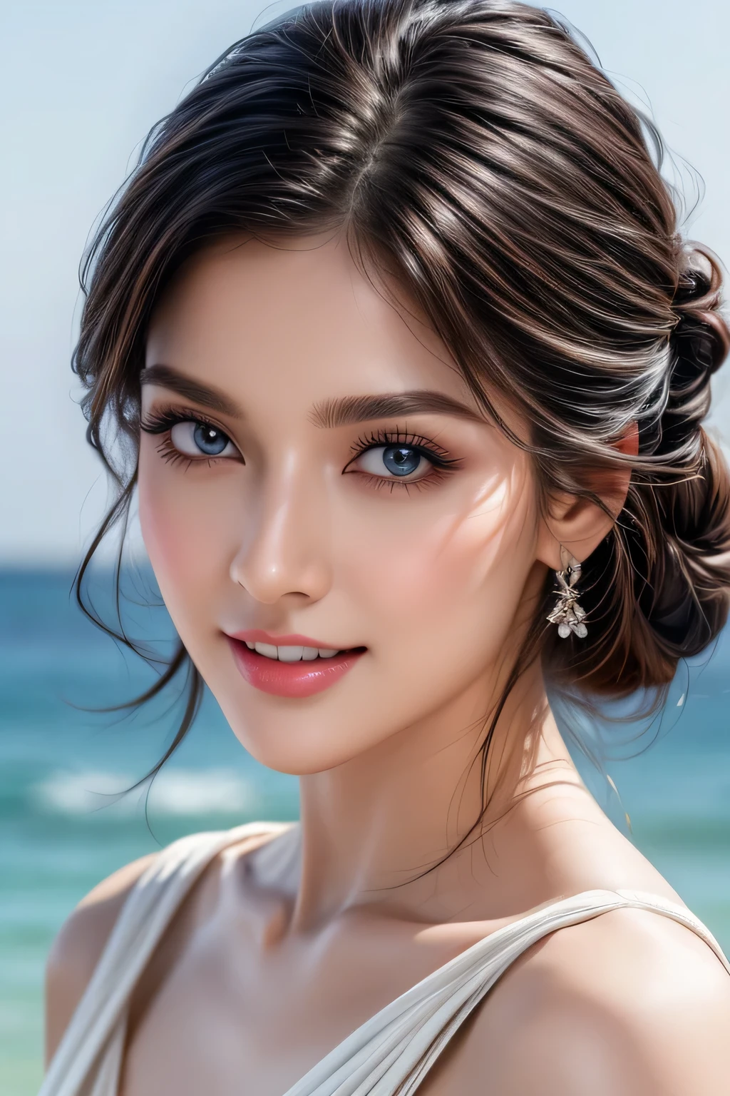 Score_9, score_8_up, score_7_up, (masterpiece:1.5), high quality, aesthetic photo ,(HDR:1.3), pore and detailed, intricate detailed, graceful and beautiful textures, RAW photo, 16K, diffused sunlight, 8K, RAW photo, top-notch quality, exceptionally detailed RAW color photo, professional-grade photograph, (realistic, photorealistic:1.2), (highly detailed skin:1.1), ultra-high resolution, (lenz 80mm), (F/1.2), (Best quality, 8k, 32k, Masterpiece, Photorealistic, UHD:1.2),(lifelike rendering), Photo of a Beautiful woman, 1girl, 24yo, (medium brown updo hair), very detailed and sharp facial features and expressions, detailed and perfect symmetrical glossy eyes, detailed sharp nose, detailed glossy lips, detailed white glistening teeth, beautiful and unique new hair style, detailed symmetrical face, very detailed and perfect natural breasts, double eyelids, highly detailed glossy eyes, glossy full lips, detailed facial, natural round medium-large breasts, slender legs, slender curves body, translucent pale skin, detailed skin texture, necklace, deluxe cotton bathrobe, charming smile face, smile, look at viewer, from frontal below, legs focus, highly details, beautiful slim legs, detailed facial, detailed hair, detailed fabric rendering, blue eyes beach scene