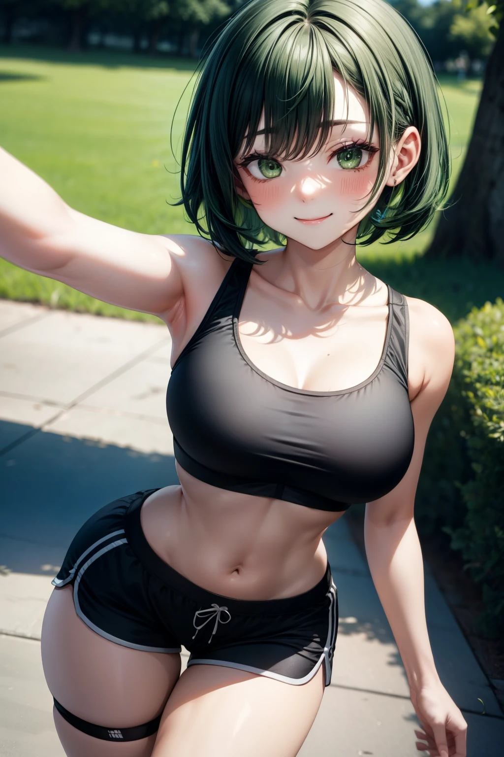 selfie, hair behind ear, makeup, light green hair, green hair, black hair, green and black gradient hair, short hair, straight hair, bangs, green eyes, (small breasts:0.7), short shorts, shorts, sports shorts, sports bra, black bra, black shorts, thick thighs, wide hips, thigh gap, thin waist, park, outdoors, walking, running, motion blur, smile, wink