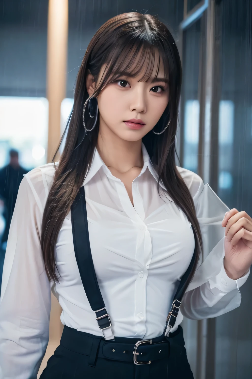 a woman in a suit, belt, hands behind back, sweating, suspenders, black pants, sexly, large breasts, see-through clothing, rain, detective, office worker, white button-up shirt, (best quality,4K,8k,highres,masterpiece:1.2),ultra-detailed,(realistic,photorealistic,photo-realistic:1.37),hyper-detailed,highly detailed face and body, Slender thin suspenders Moderate breasts See-through shirt Nipples holster chain Pistol Armament criminal Female criminal knife