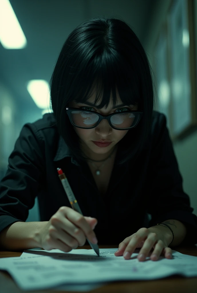 A girl who works in the forensic science department, who examines a crime scene, this girl is wearing a black shirt with black rectangular glasses black bob haircut green eyes