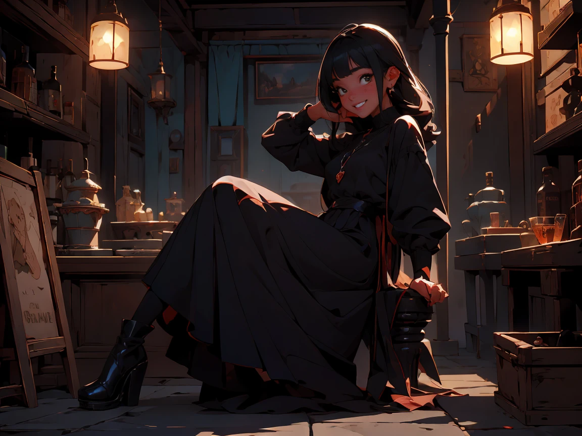 (Highest quality,4K,High resolution,masterpiece:1.2),Very detailed,Realistic:1.37,,(whole body, I can see your feet and shoes: 1.2),、thief、thief、10 convictions、Criminal women、bad woman、steal、Raiding the store、Anime Style、Storytelling、、beautiful girl、とてもcute天使、Pink Gothic Dress、cute、Baby Face、smile、Long skirt、,Black long boots、(クレイジーなsmile:1.3)、(クレイジーなsmile:1.3),クレイジーなsmile, beautiful, Delicate facial features, Sharp Eye, Sharp Fangs, mouthをとても開く, Bare your teeth,Sharp teeth like a beast, Very wide lips, とても広いmouth, Vermilion cheeks, 
mouth, , Vermilion cheeks,Sitting,View your audience,Please look at the screen
