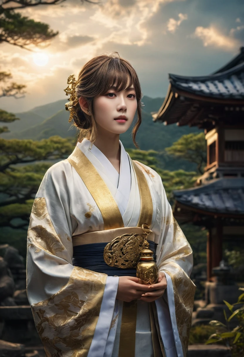 Genius idol lady Akechi stands once again at the ancient shrine, now bathed in the warm light of a setting sun. He holds the amulet close to his chest, a look of gratitude and peace on his face. The shrine and surrounding landscape are serene, with gentle rays of sunlight breaking through the clouds, symbolizing a new beginning. The composition captures both Genius idol lady Akechi 's growth and the tranquil beauty of his village restored to peace, intricate details High Quality, 8k, Realistic, Ultra-Detailed, Dramatic Lighting, Soft Focus, Digital Illustration, Intense Expression, Strong Gaze, Intense Emotion, Complex Mechanics, Advanced Technology, Dark Background, Cinematic, High Contrast, Moody, Strict, Atmosphere, (Best Quality, 4k, 8k, High Definition, Masterpiece: 1. 2 ), ultra-detailed, (realistic, graphic, photorealistic:1.37) --no glass
