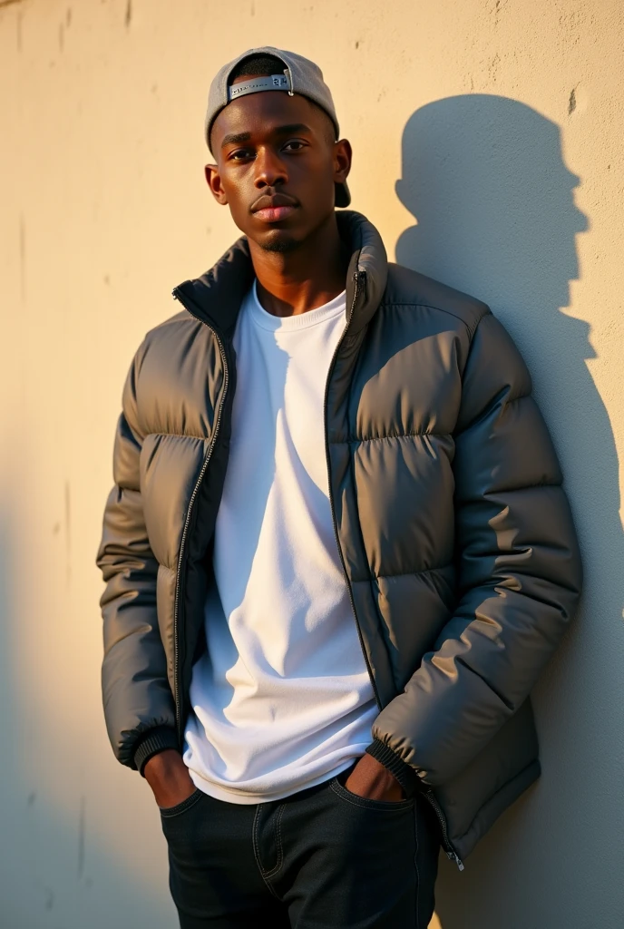 best qualityer:1.4), (ultra high resolution:1.2), (photorrealistic:1.4), (8k, CRU photo:1.2), 1 young black man, 20 years old. he is wearing a white shirt, gray puffer coat on top. He is wearing black jeans. Corte de cabelo buzzcut. He's wearing a gray cap backwards. He's leaning against a wall. Corte de cabelo buzzcut. thin build. It's not blurry in the background. thin build. thin build. has 1.75 tall. There is a sun . best qualityer:1.4), (ultra high resolution:1.2), (photorrealistic:1.4), (8k, CRU photo:1.2), 1.75 tall. The camera focuses on the face.