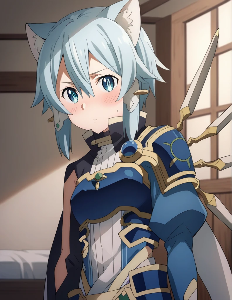 score_9, score_8_up, score_7_up, source_anime,
shinoasada, shino asada, short hair, bangs, blue eyes, hair ornament, hair between eyes, blue hair, sidelocks, slit pupils,
gloves, long sleeves, wings, white gloves, armor, shoulder armor, breastplate, blue armor,
indoors, bed, bed room, on side, blush, drunk,
solo, looking at viewer, cowboy shot, dutch angle,cat girl,