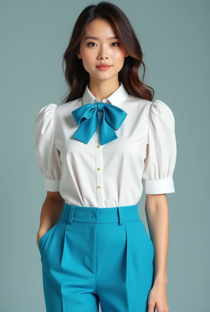Semi-formal women's uniform with white Columbia-style shirt with short puff sleeves and high-waisted pants with a cyan blue bow