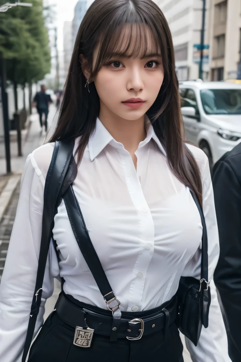 a woman in a suit, belt, hands behind back, sweating, suspenders, black pants, sexly, large breasts, see-through clothing, rain, detective, office worker, white button-up shirt, (best quality,4K,8k,highres,masterpiece:1.2),ultra-detailed,(realistic,photorealistic,photo-realistic:1.37),hyper-detailed,highly detailed face and body, Slender thin suspenders Moderate breasts See-through shirt Nipples holster chain Pistol Armament criminal Female criminal knife