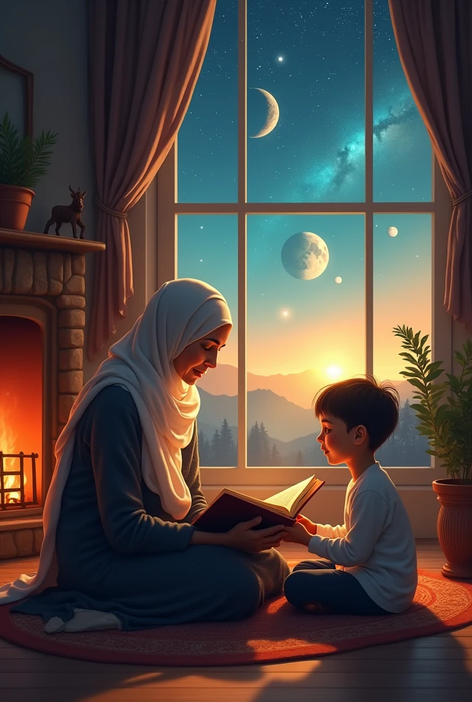 A Islamic child is sitting next to his Islamic religion grandmother in the living room, where the fireplace is radiating warmth, and the grandmother has a book in her hand. She wants to hear her little son, the parasite, the parasite. The sky, the planets, the stars, the moon, and you with the trees and mountains shining through the window of the room.