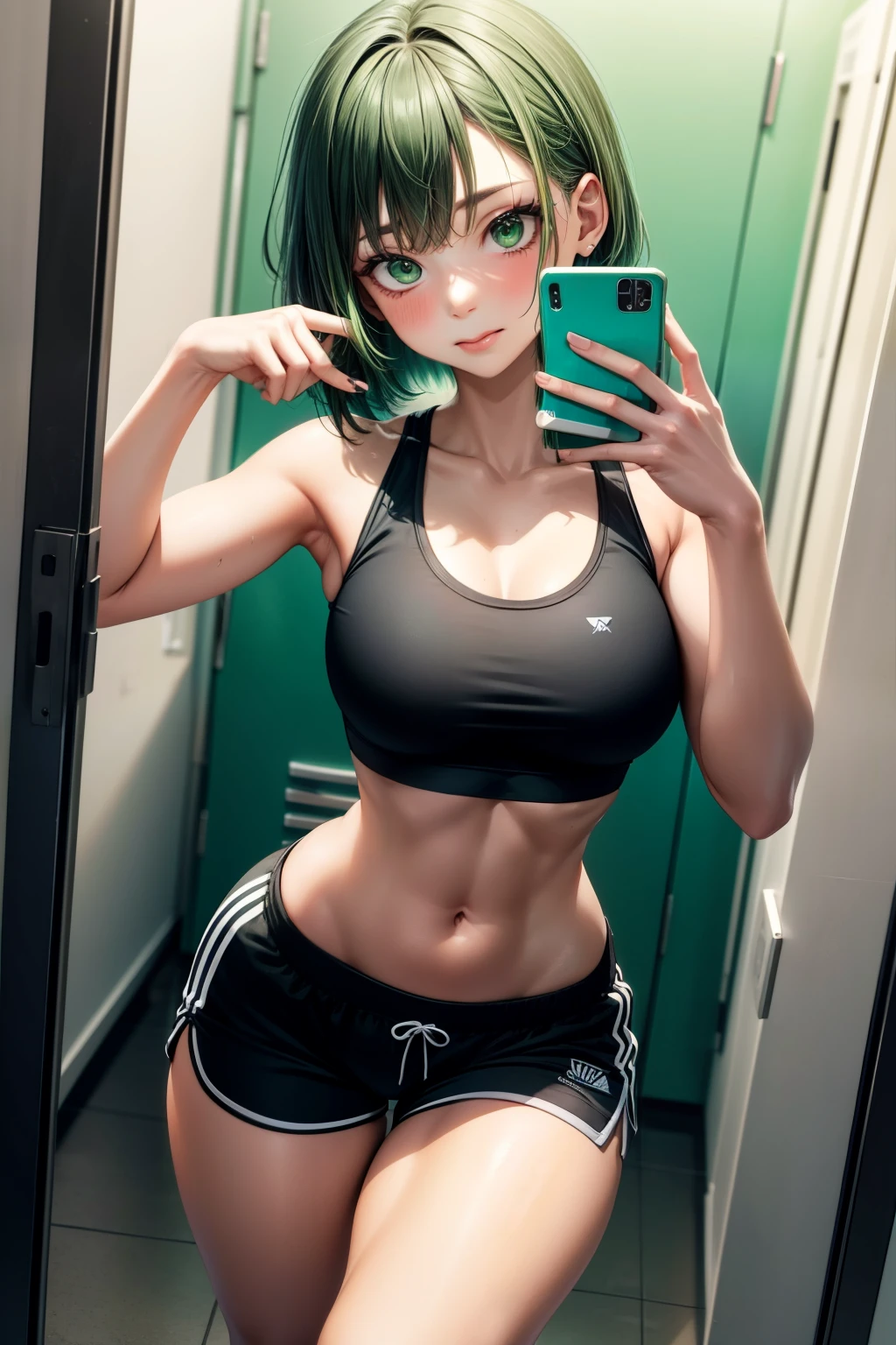 selfie, hair behind ear, makeup, light green hair, green hair, black hair, green and black gradient hair, short hair, straight hair, bangs, green eyes, biting lip, (small breasts:0.7), short shorts, gym shorts, sports shorts, sports bra, black bra, black shorts, thick thighs, wide hips, thigh gap, thin waist, uniform, gym, gym eqiupment, gym background, mirror, mirror selfie, lockerroom, lockers,