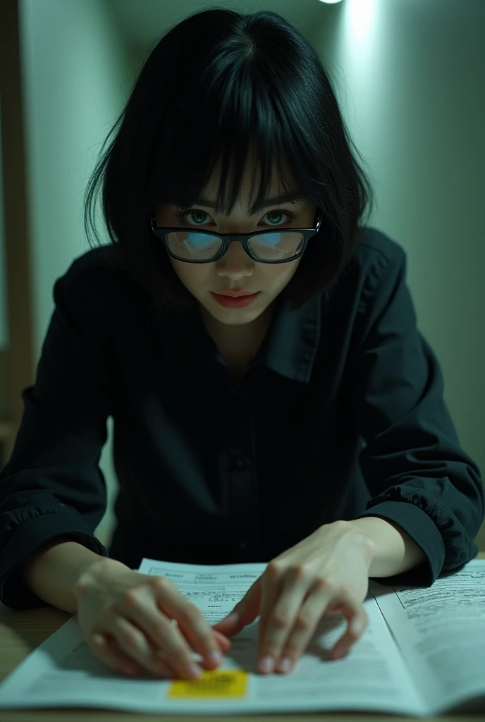 A girl who works in the forensic science department, who examines a crime scene, this girl is wearing a black shirt with black rectangular glasses black bob haircut green eyes