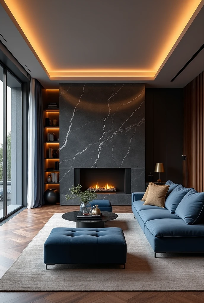 Professional 3d architecture rendering design of modern living room with dark gray and so dark vintage blue floranca velvet sofa set and medium flouting dark gray marble fireplace and brown laminate and elegant and modern accessories and modern windows and black slab stone middle table and elegant ceiling lighting