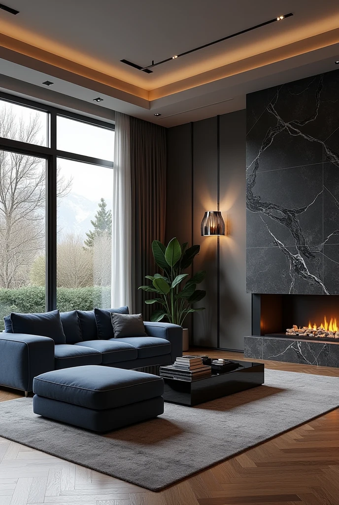 Professional 3d architecture rendering design of modern living room with dark gray and so dark vintage blue floranca velvet sofa set and medium flouting dark gray marble fireplace and brown laminate and elegant and modern accessories and modern windows and black slab stone middle table and elegant ceiling lighting