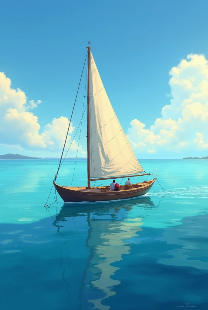Create a realistic illustration of a small boat on the calm sea of the Pacific Ocean and a sky with few clouds and Caribbean summer sun