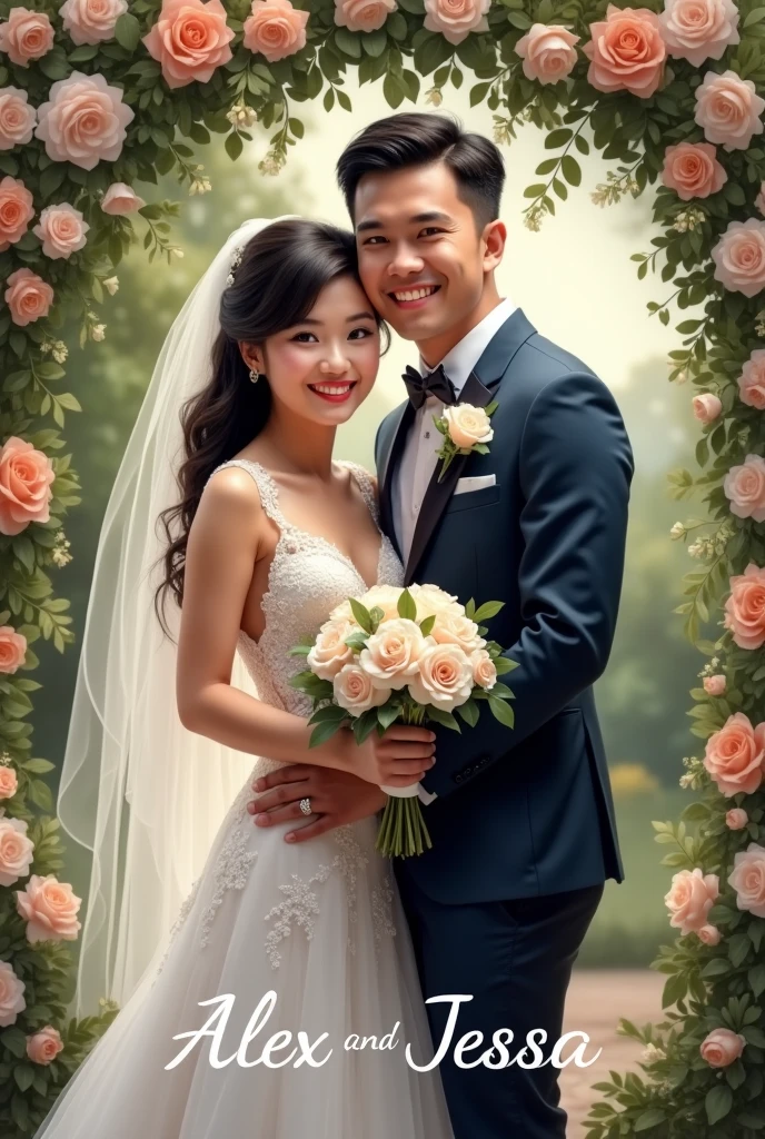 Realistic pinoy couple say cheese wearing wedding with background arounding flowers with name write 'Alex and jessa'