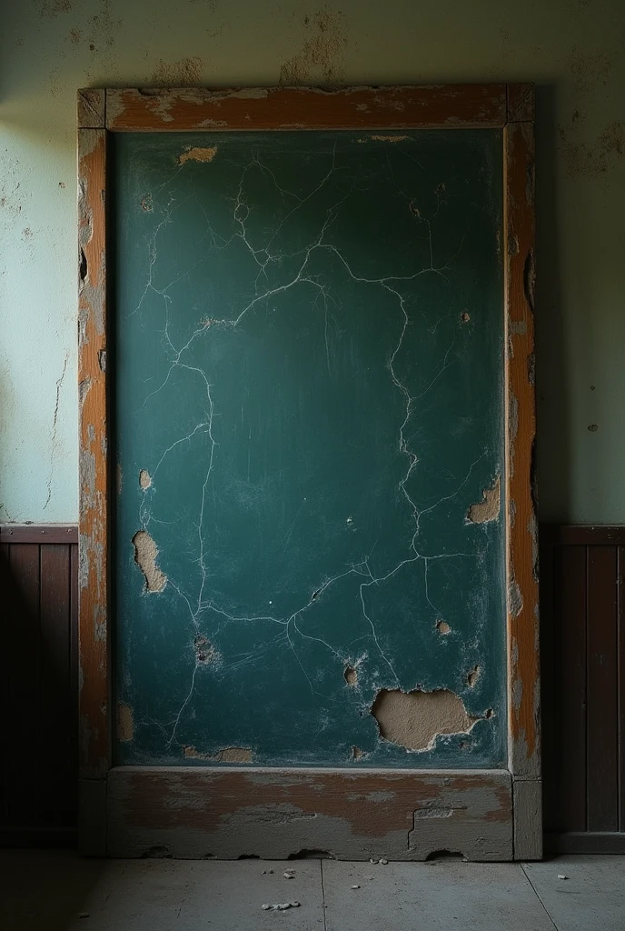 An old classroom blackboard that is glued to the wall. A large 