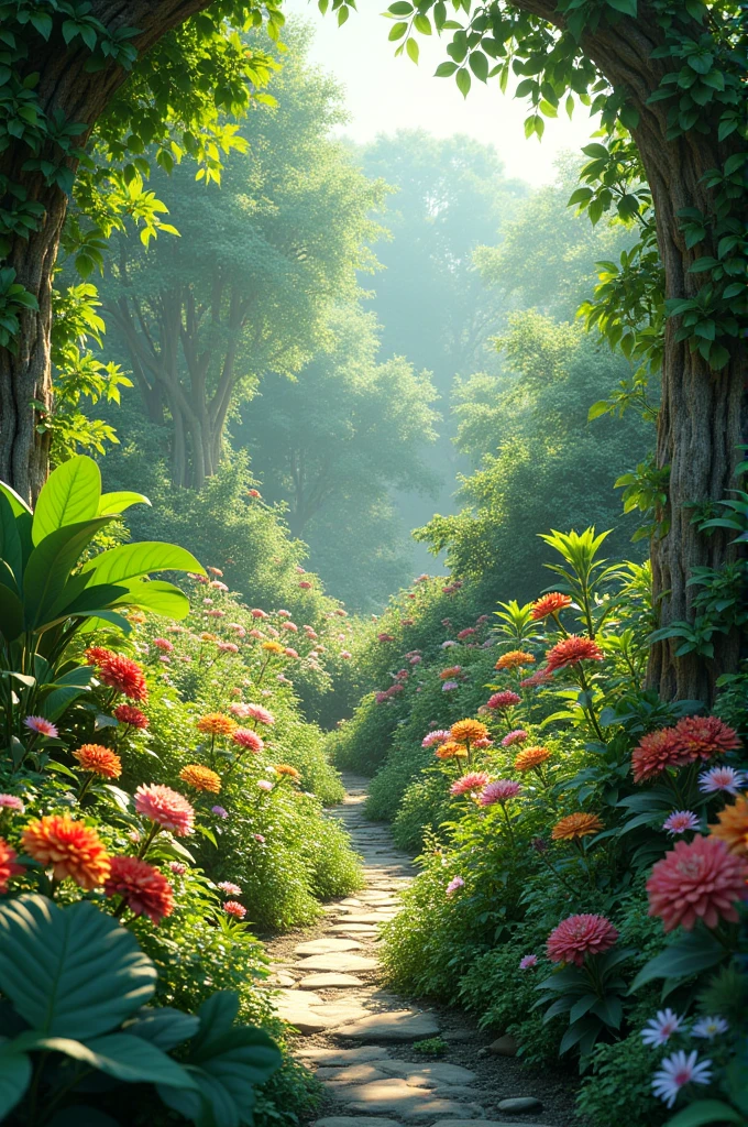 The garden flourishing with vibrant, blooming plants.
Details: Lush greenery, colorful flowers, and a sense of growth and tranquility.