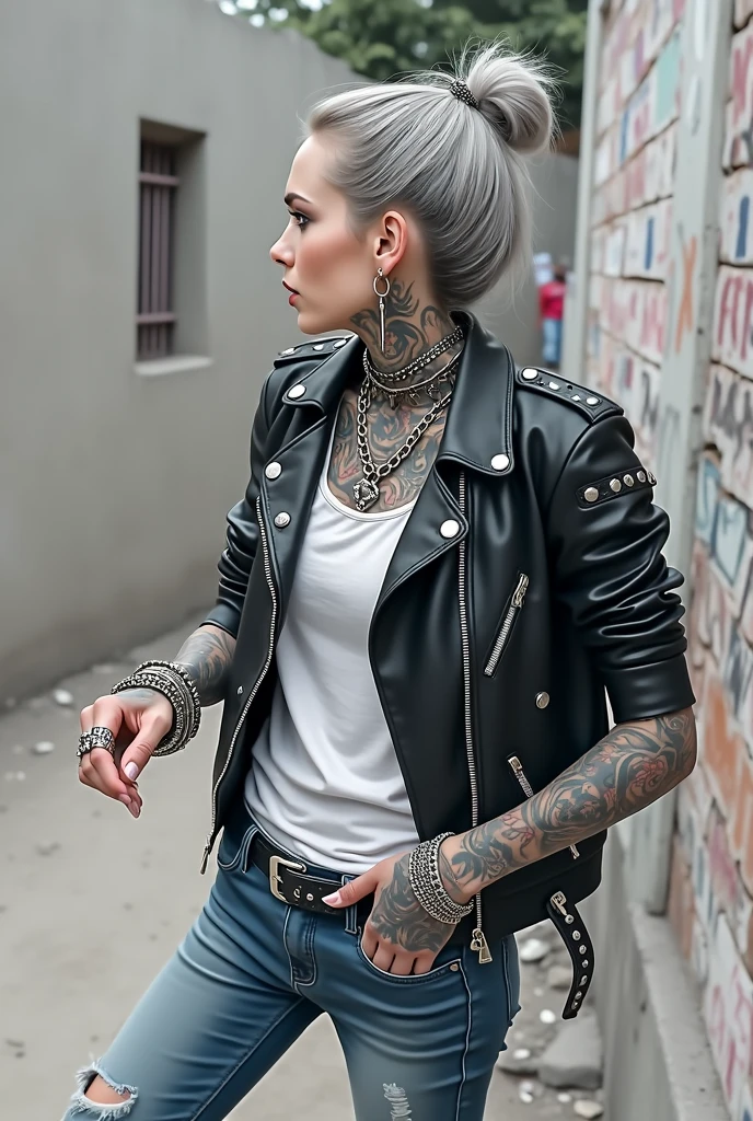 russian milf woman, grey hair (top pouf, shaved sides, bun), with very light blue eyes, extremely pale skin. All neck tattooed. All stomach tattoed. All hands tattooed.Wearing cropped aged black moto jacket with lots of zippers and pins, flipped up collar. Dark blue skinny low rise jeans.. wide black studded belt. Leaning back on a graffitied brick wall with hands in pockets, chin up, stretching her neck , humble facial expression.. Listening with tilted head, looking up to somebody more clever speaking to her. Well toned abdominals, thin neck, slim legs and thin arms. Narrow hips. Dirt street in Kenyan village full of waste. Lots of silver bracelets. A lot of tanned fat women in traditional dresses around looking down at her